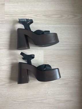 Zara Black Strappy Platform Block Heel Sandals with Brown Wood-Look Sole